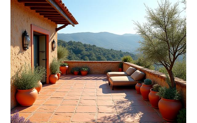 Terraza mediterránea con plantas autóctonas y vistas panorámicas