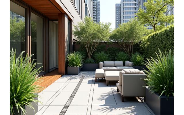 Jardín urbano moderno con elementos acuáticos