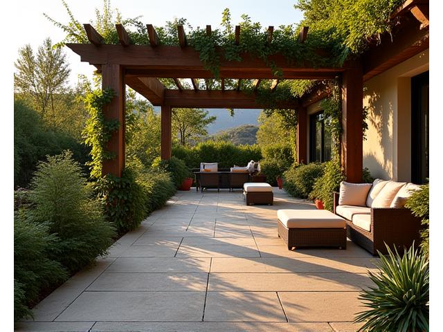 Patio moderno con adoquines de piedra y una pérgola de madera