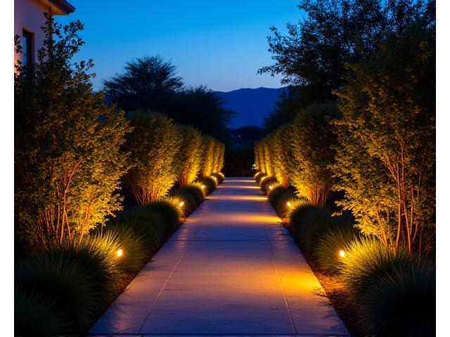 Iluminación ambiental en un jardín nocturno, destacando plantas y senderos
