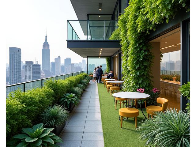 Terraza verde en un edificio de oficinas moderno, con mobiliario exterior